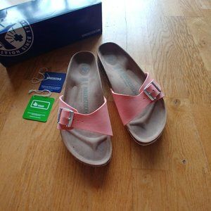 Birkenstock Madrid Vegan Sandals in Rare Brushed Flamingo Color
